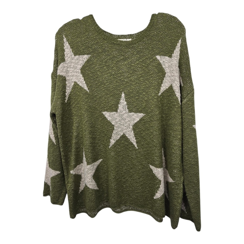 Easel Stars Pullover Sweater Womens SM Green Loose Knit Nubby Oversized Comfy